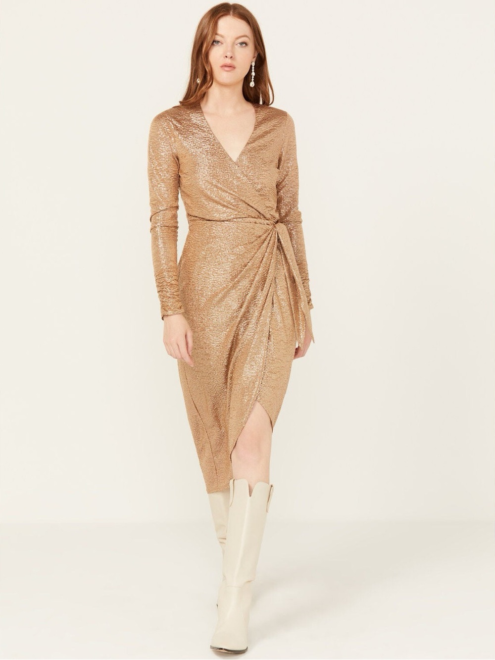 Show Me Your Mumu Kimora Wrap Midi Dress Long Sleeve Gold Confetti NEW Large
